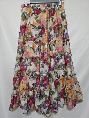 KAILIER Floral Tiered Ruffle Maxi Skirt Boho Resort Style S Smocked Waist Pink